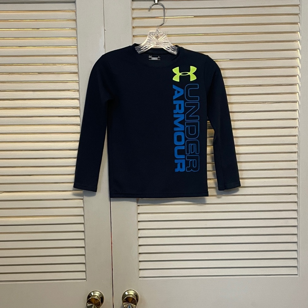 Under Armour Navy Long Sleeve Logo Tee with Neon Green Accent